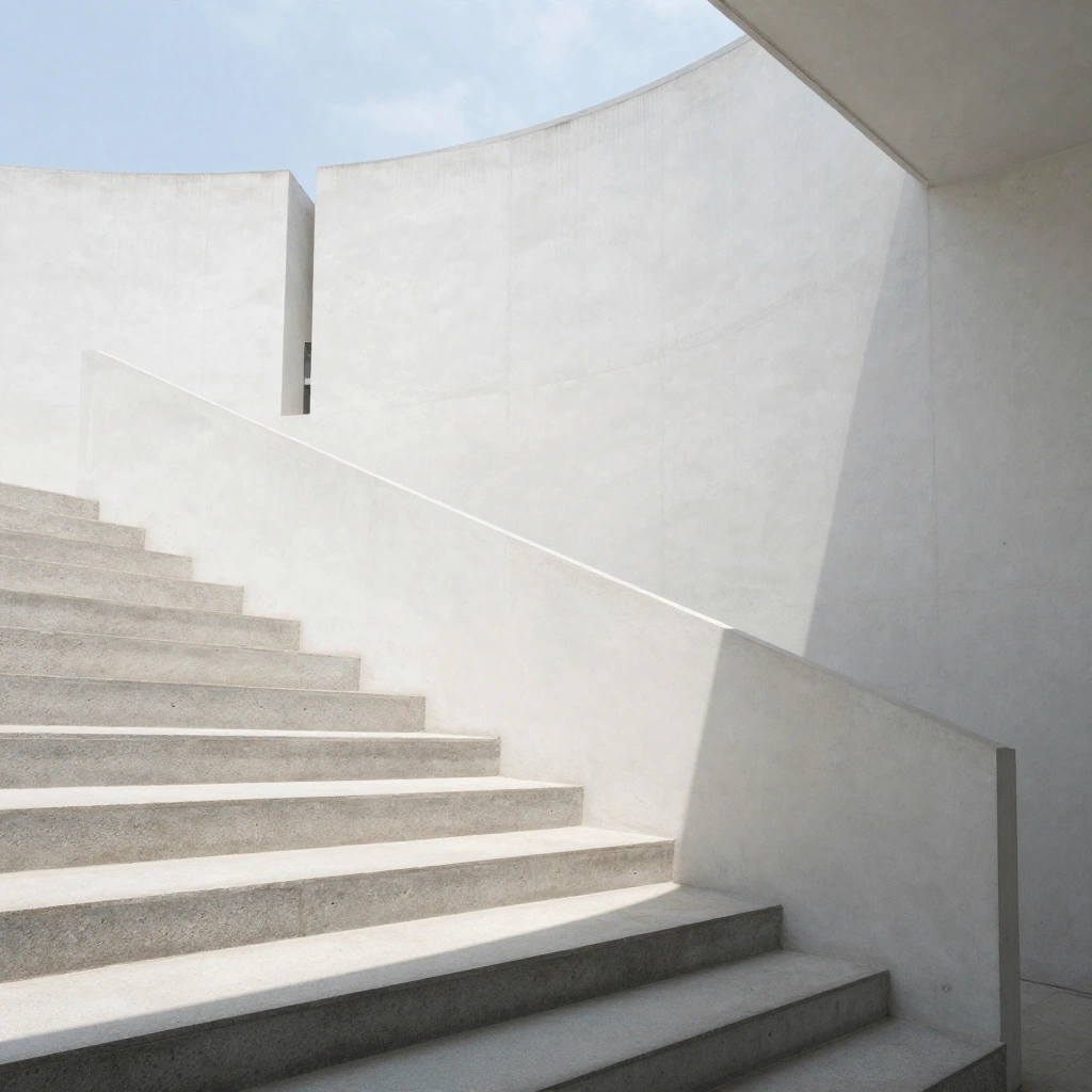 A minimalist architectural photograph of a white concrete museum staircase intersecting with a curved wall and a narrow skylight. No people are present. Hard mi