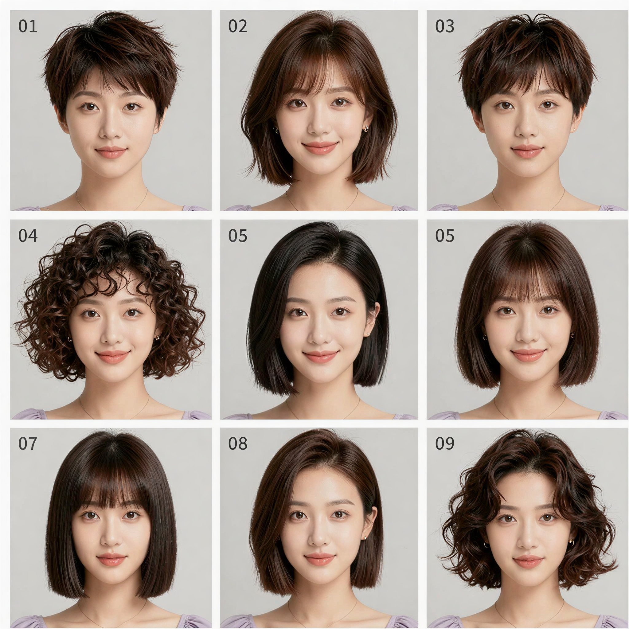 Créez une planche contact de comparaison de coiffures 3x3 mettant en vedette exactement la même femme est-asiatique adulte dans les 9 panneaux. COHÉRENCE D'IDEN
