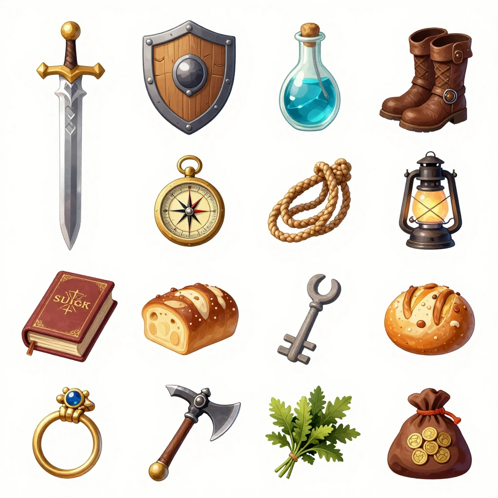 Create a game-ready set of sixteen fantasy RPG inventory items: iron sword, wooden shield, healing potion, mana vial, leather boots, compass, rope, lantern, spe