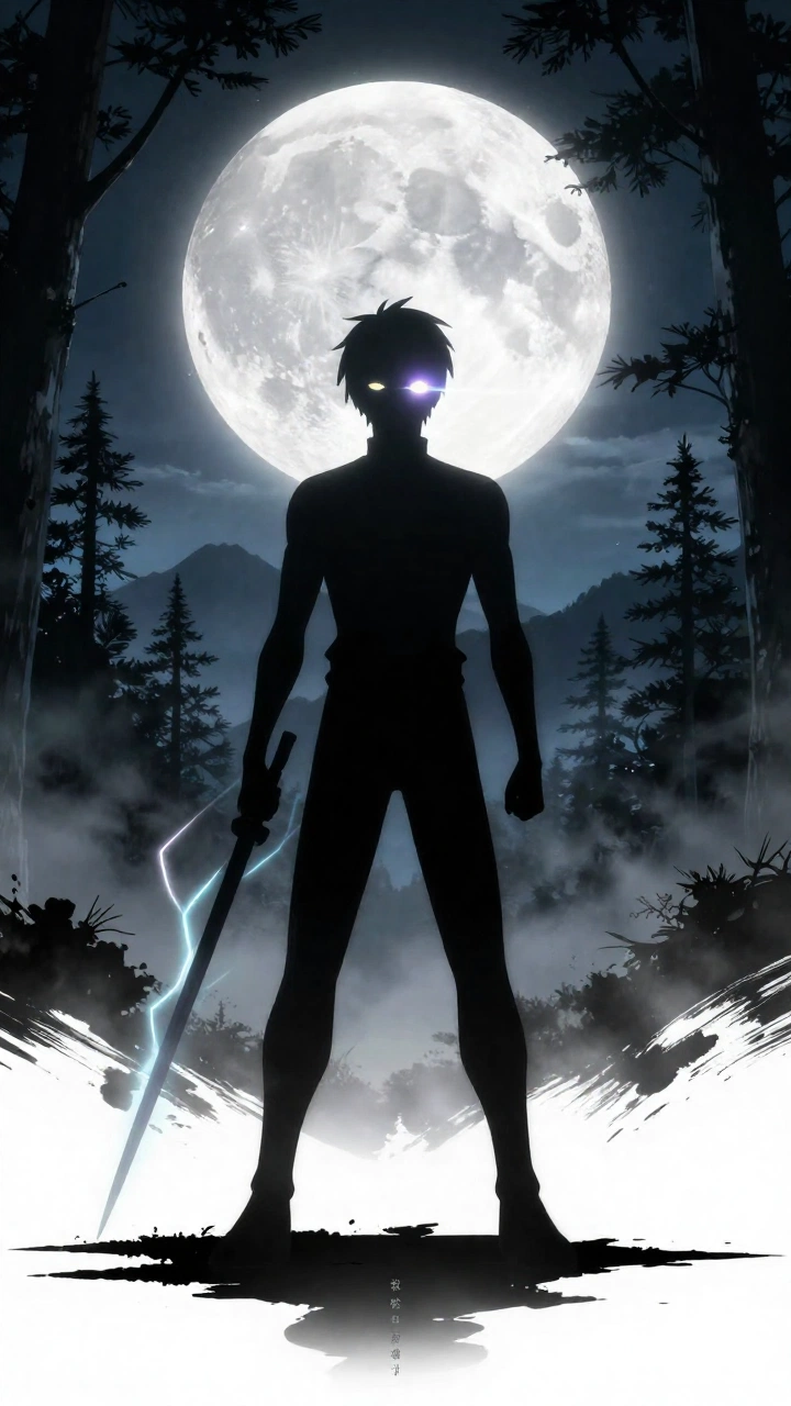 Affiche de personnage d'anime dark-fantasy japonais,

silhouette de personnage grand et élancé en pied,
fort contre-jour dramatique,

un œil émettant une lueur 