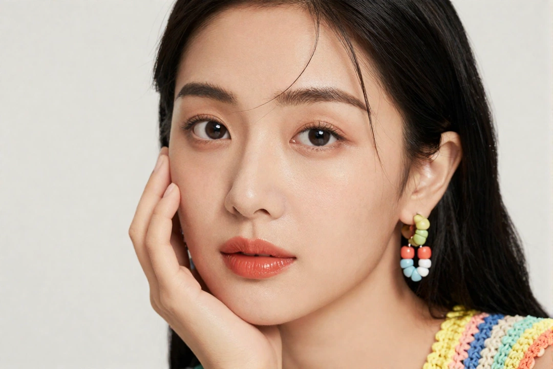 Gros plan éditorial photoréaliste haut de gamme au format 3:2 d'une femme asiatique clairement adulte, peau naturelle lumineuse et claire, taches de rousseur su