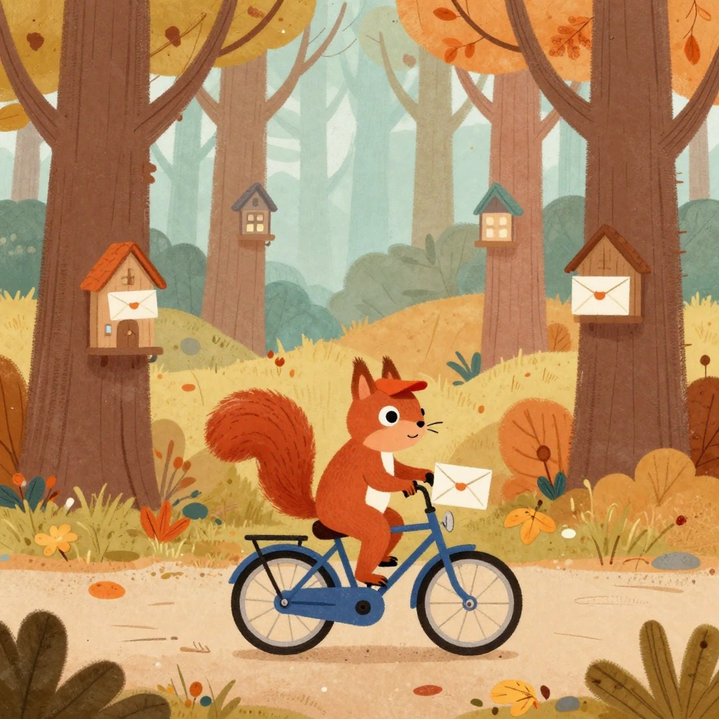 A warm children’s-book illustration of a small red squirrel mail carrier riding a blue bicycle through an autumn forest, delivering envelopes to woodland homes 